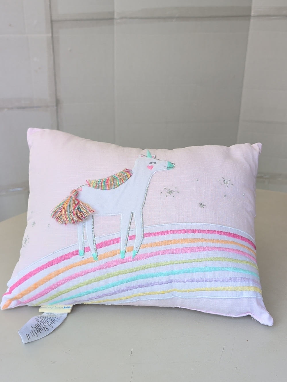 Pottery Barn Kids Pink Pastel Rainbow Striped Pillow w/ Unicorn Embroidery Chic